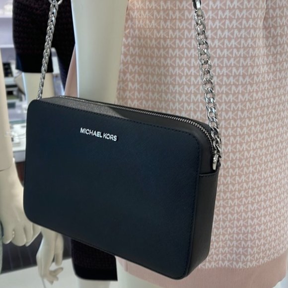 Michael Kors Jet Set Item Large East West Zip Crossbody Leather Black - Picture 1 of 16